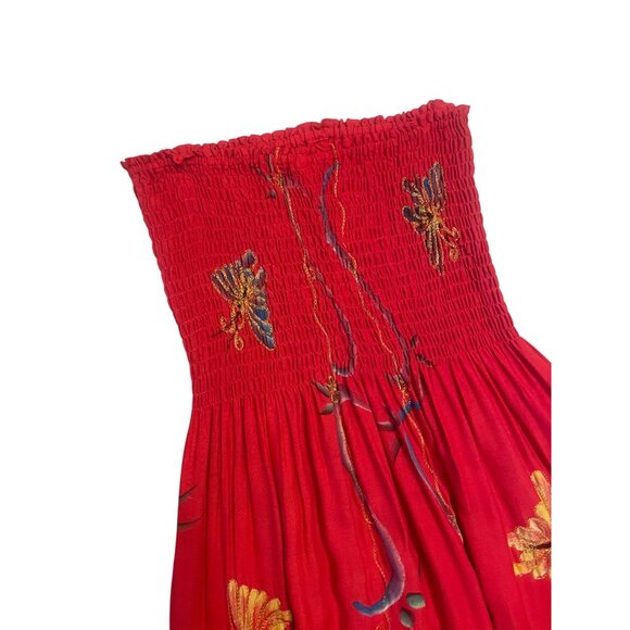 Red Strapless Smocked Maxi Dress W/ Butterfly Embroidery & Tassel Hem OS - Picture 2 of 7